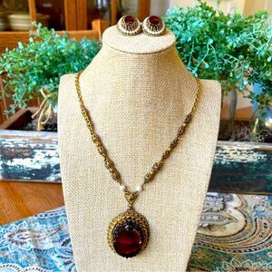 West Germany Necklace Earrings Set Ornate Gilt Tortoise Amber Cabochon Vintage